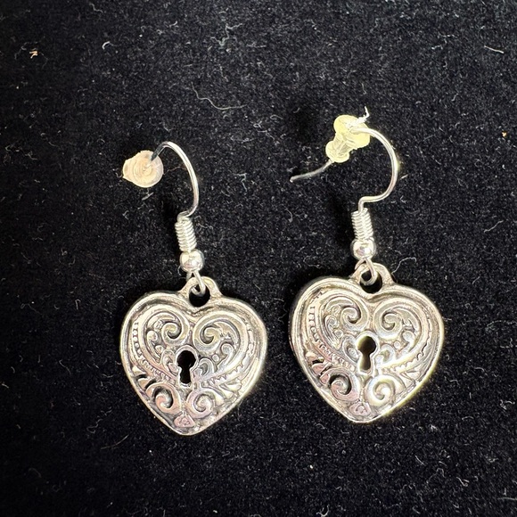 Silver Tone Heart Lock Dangle Earrings - Picture 2 of 6